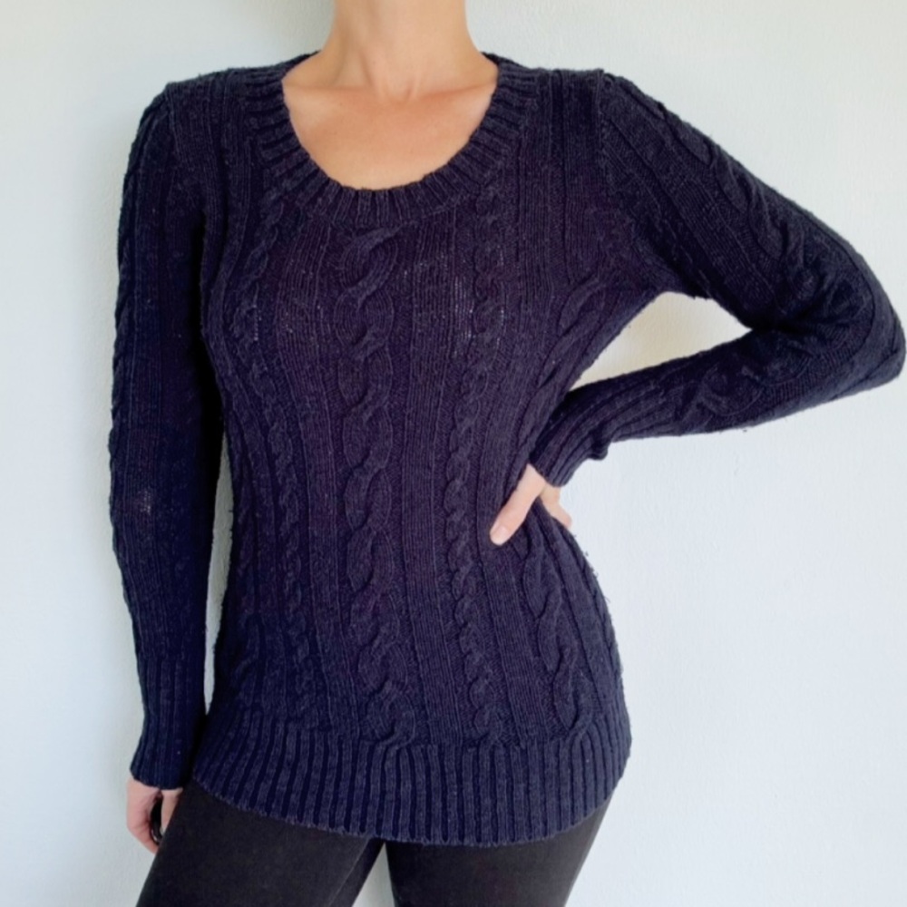 J. Crew navy blue cable knit cotton scoop neck sweater size XS